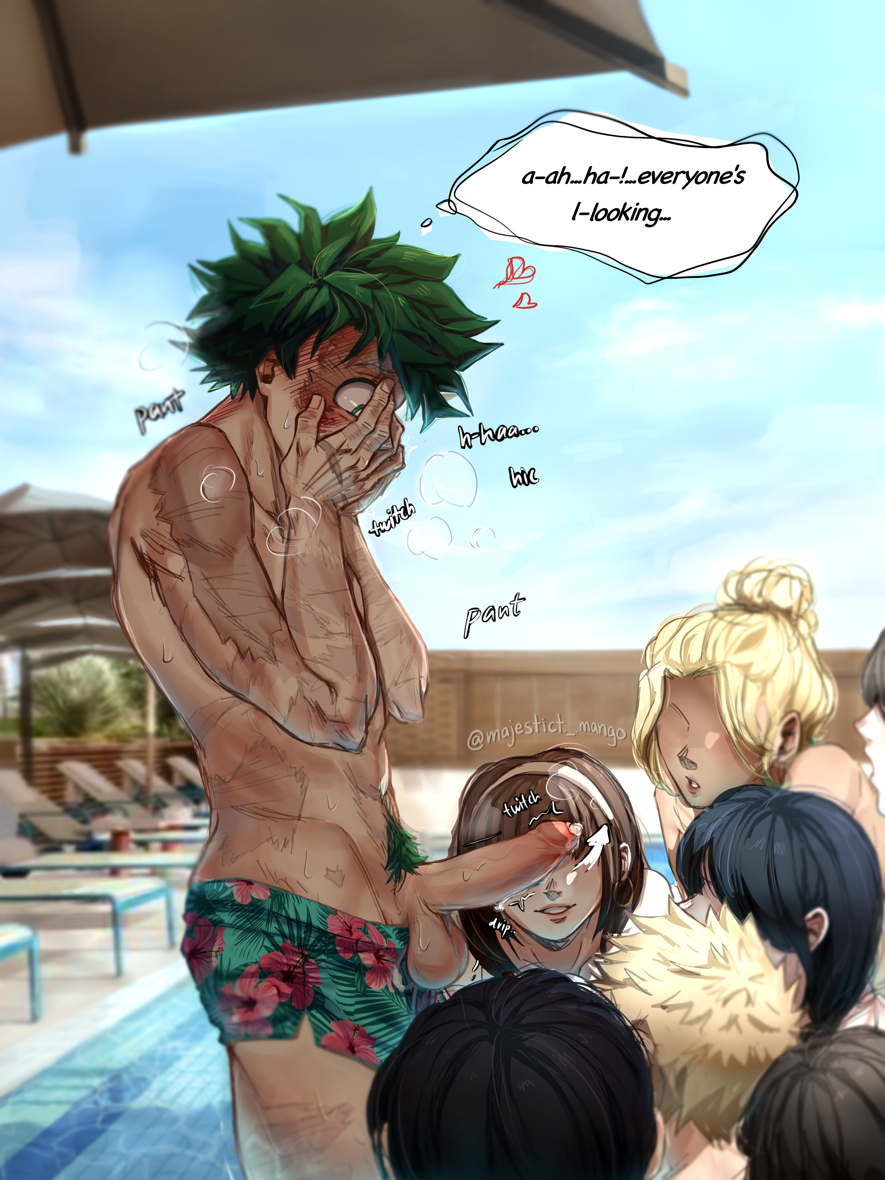art by majestict_mango of deku standing in a pool, covering his embarrassed face while women crowd around his hard cock